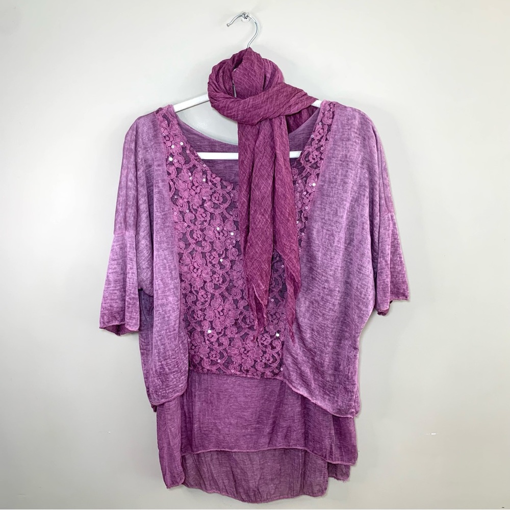 Made in Italy Purple Lagenlook Boho Lace Tunic Blouse Top with Scarf Sequins